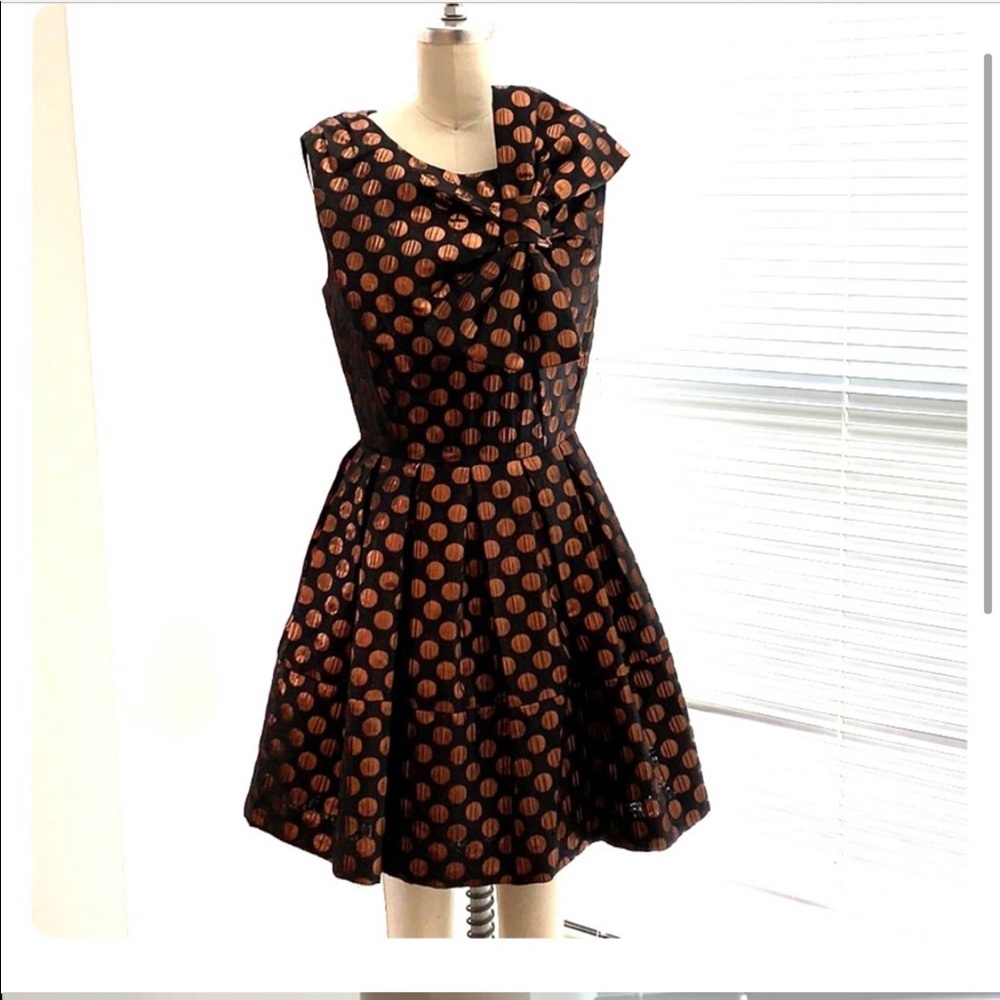 Anthropologie metallic cocktail dress with gold polka dot size 8